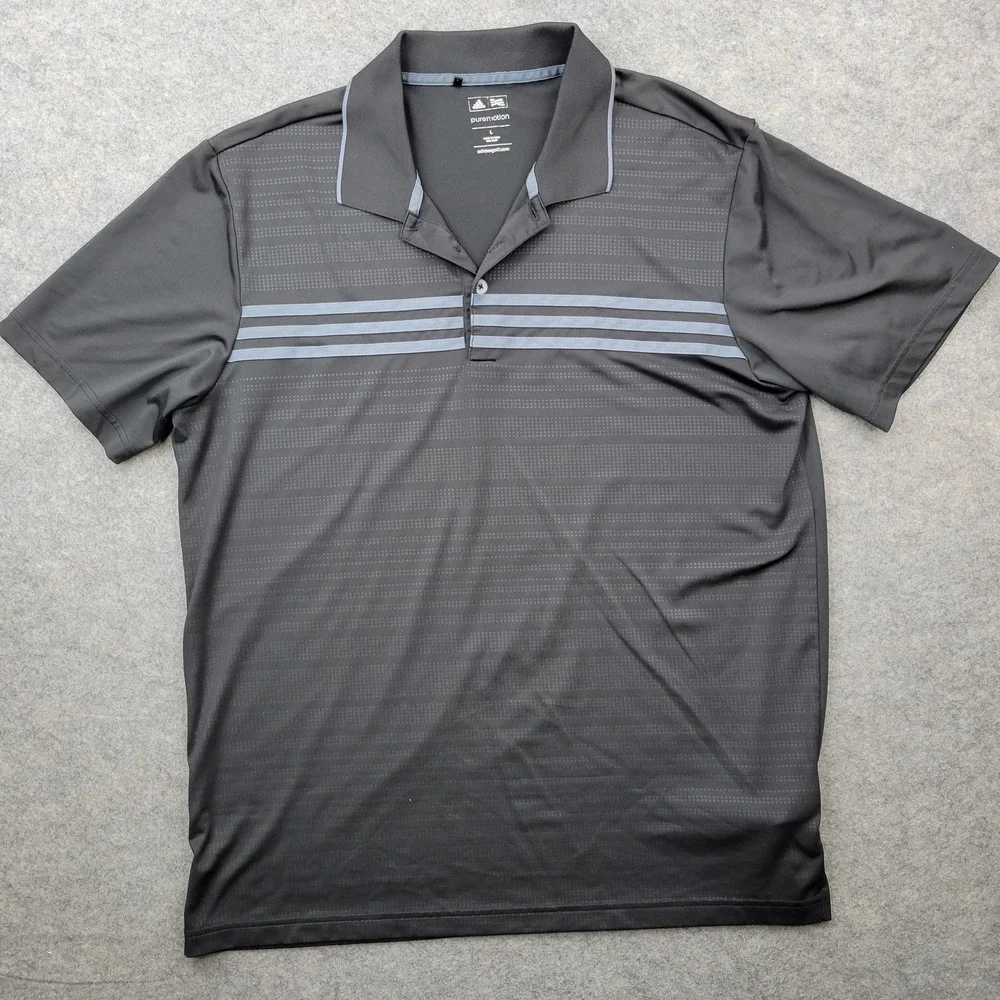 Adidas Polo Shirt Mens Large Black Stripe Puremotion Golf Performance‎ Top